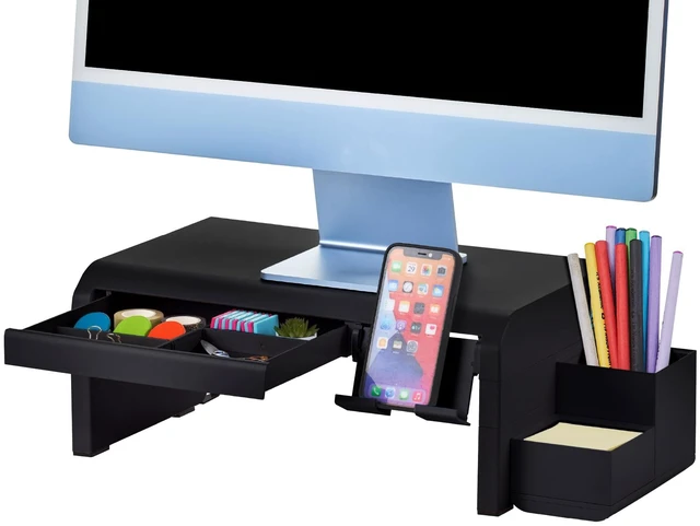 Main image of Konnect Adjustable Monitor Riser with Drawer, Cell Phone Stand & Pencil Holder, Laptop Stand for Desk, 4 Height Levels, Cable Management & Rubber Feet