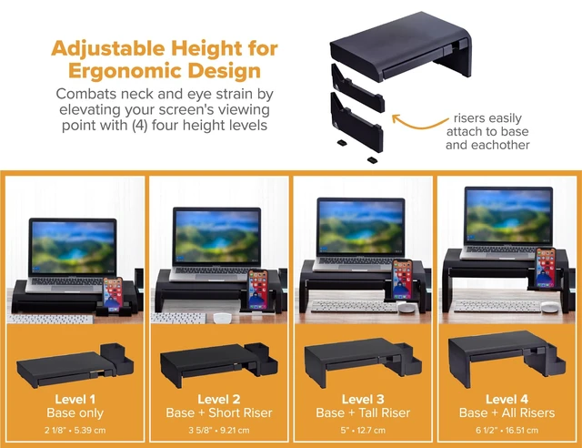 Alt view image 2 of 7 - Konnect Adjustable Monitor Riser with Drawer, Cell Phone Stand & Pencil Holder, Laptop Stand for Desk, 4 Height Levels, Cable Management & Rubber Feet