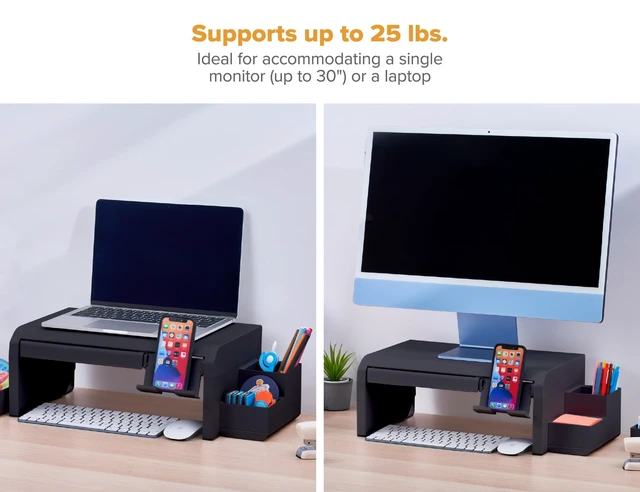 Alt view image 7 of 7 - Konnect Adjustable Monitor Riser with Drawer, Cell Phone Stand & Pencil Holder, Laptop Stand for Desk, 4 Height Levels, Cable Management & Rubber Feet