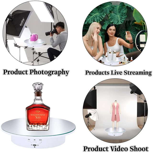 Alt view image 6 of 7 - Motorized Rotating Display Stand, 7.87inch /17.6lbs Load, 360 Degree Electric Rotating Turntable for Photography Products, Jewelry5 Colors Backgrounds, Mirror Cover (White/Remote Control)