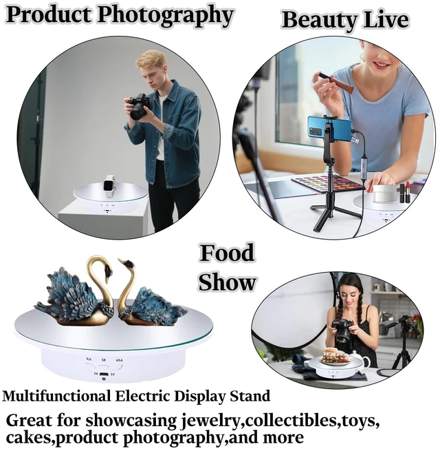 Alt view image 3 of 7 - Motorized Rotating Display Stand, 7.87inch /17.6lbs Load, 360 Degree Electric Rotating Turntable for Photography Products, Jewelry5 Colors Backgrounds, Mirror Cover (White/Remote Control)