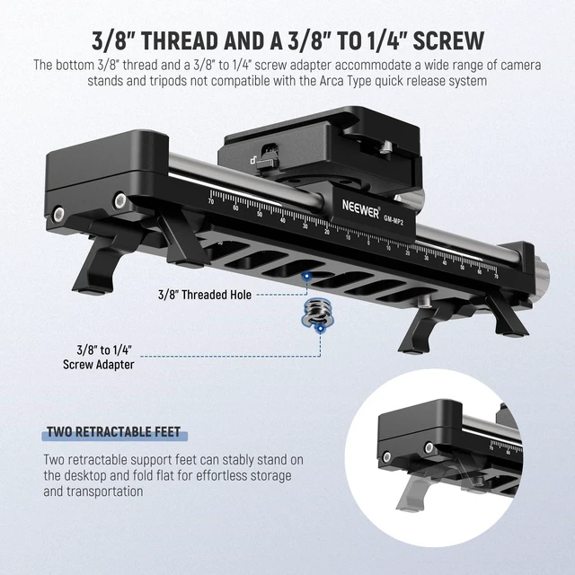 Alt view image 6 of 7 - 140mm Macro Focusing Rail Slider with 360° Rotation, 4 Directional Locking, Retractable Feet, Acra Type QR Plate, 1/4" & 3/8" Screw for Camera Macro Photography Close Up Shooting, GM-MP2
