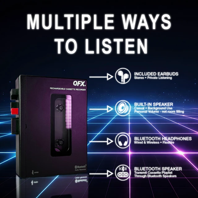 Alt view image 3 of 7 - Portable Bluetooth Cassette Tape Player Recorder, RETRO-1980 Auto Reverse, USB-C Rechargeable, Built-In Speaker and Microphone, Stereo Earbuds Included