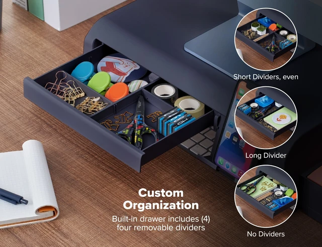Alt view image 4 of 7 - Konnect Adjustable Monitor Riser with Drawer, Cell Phone Stand & Pencil Holder, Laptop Stand for Desk, 4 Height Levels, Cable Management & Rubber Feet