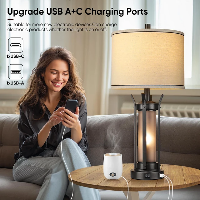 Alt view image 3 of 5 - 26" Table Lamps for Living Room, Rustic Beside Lamp, Black USB A+C Charging Ports, 4 Bulbs Included, Farmhouse Industrial Nightstand Lamp, Frosted Glass, Night Light