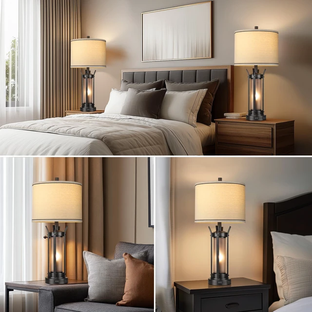 Alt view image 5 of 5 - 26" Table Lamps for Living Room, Rustic Beside Lamp, Black USB A+C Charging Ports, 4 Bulbs Included, Farmhouse Industrial Nightstand Lamp, Frosted Glass, Night Light