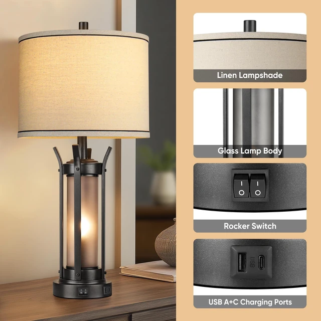 Alt view image 4 of 5 - 26" Table Lamps for Living Room, Rustic Beside Lamp, Black USB A+C Charging Ports, 4 Bulbs Included, Farmhouse Industrial Nightstand Lamp, Frosted Glass, Night Light