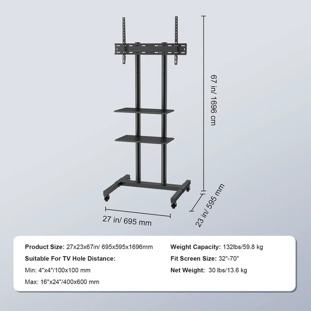 Alt view image 7 of 7 - Mobile TV Cart for 32 to 70 inch TVs, Height Adjustable Portable TV Stand with Wheels and Double Tray for Audio-Visual Devices, Rolling TV Stand for Living Room