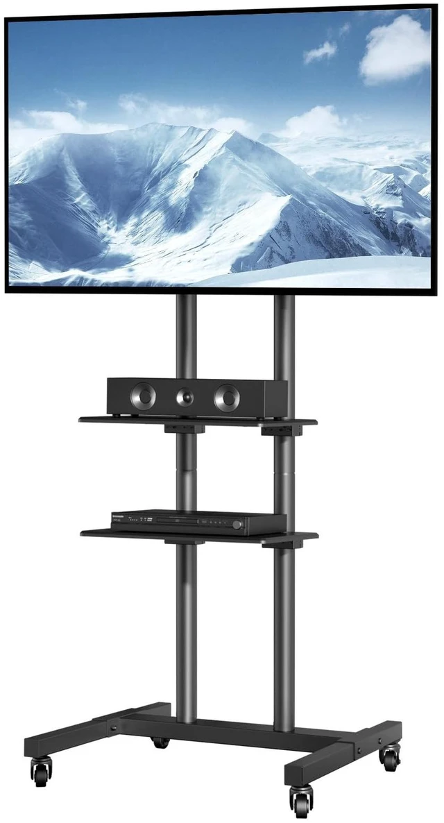 Main image of Mobile TV Cart for 32 to 70 inch TVs, Height Adjustable Portable TV Stand with Wheels and Double Tray for Audio-Visual Devices, Rolling TV Stand for Living Room
