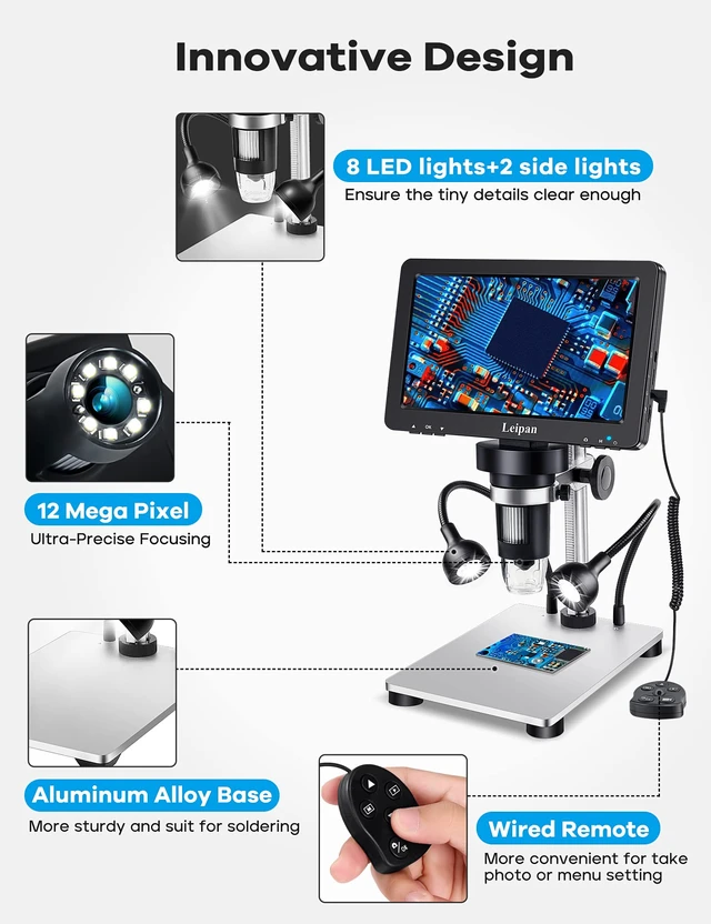 Alt view image 4 of 7 - 7" LCD Digital Microscope 1200X,12MP Coin Microscope with Screen 1080P Coin Magnifier with 12pcs Slides,Wired Remote,2 Side Lights,Windows/Mac OS Compatible