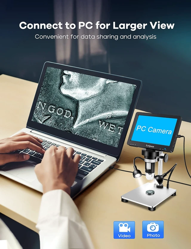 Alt view image 3 of 7 - 7" LCD Digital Microscope 1200X,12MP Coin Microscope with Screen 1080P Coin Magnifier with 12pcs Slides,Wired Remote,2 Side Lights,Windows/Mac OS Compatible
