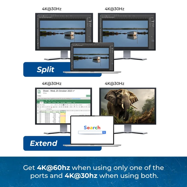 Alt view image 3 of 7 - SplitExtend HDMI Splitter Extended Display for Windows Only - 4K@30Hz Dual Monitor - Multi-Monitor Display 3 Separate Screens - USB-C Adapter to HDMI 2.0 - 100W PD and USB 2.0 Input