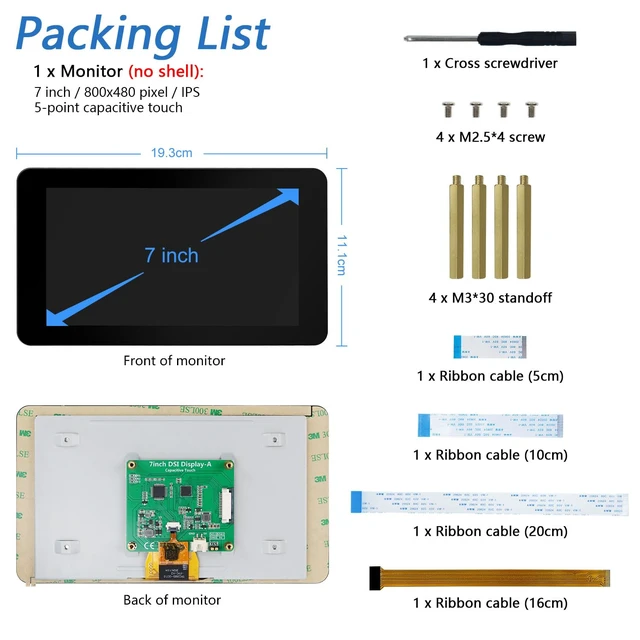 Alt view image 7 of 7 - Touchscreen for Raspberry Pi Display Screen Monitor 7 Inch IPS 800x480 Pixel, 5-Point Capacitive Touch Screen, Integrated Back Mounting, Driver-Free Easy to Use