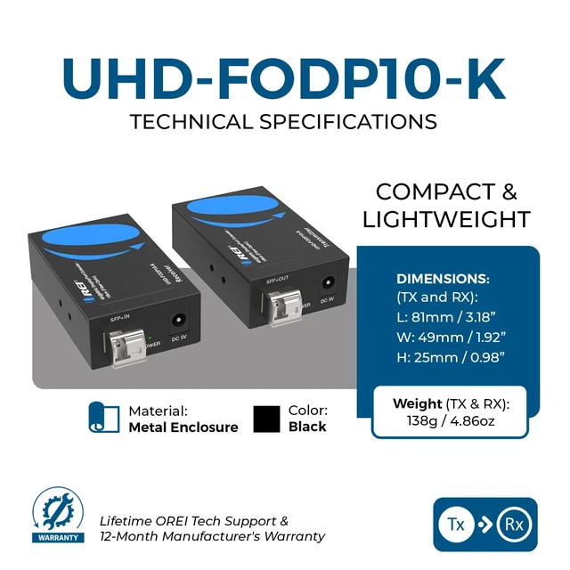 Alt view image 5 of 7 - 4K DisplayPort Extender Over Fiber Optic Balun 10KM, LPCM 7.1CH, SFP+ Fiber Optic Balun DisplayPort 1.4a, 32.4Gbps, HDCP 2.3, HDR10+, Dolby Vision, HLG, OM4 Support