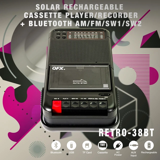 Alt view image 2 of 7 - Solar Rechargeable Shoebox Cassette Tape Player Recorder, RETRO-38BT Portable, Built-In Microphone, Bluetooth Audio Streaming, AM/FM/SW Radio, MP3 Playback, Line-In/Out, AC/Battery Powered