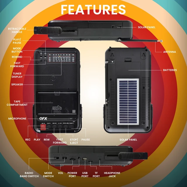 Alt view image 5 of 7 - Solar Rechargeable Shoebox Cassette Tape Player Recorder, RETRO-38BT Portable, Built-In Microphone, Bluetooth Audio Streaming, AM/FM/SW Radio, MP3 Playback, Line-In/Out, AC/Battery Powered
