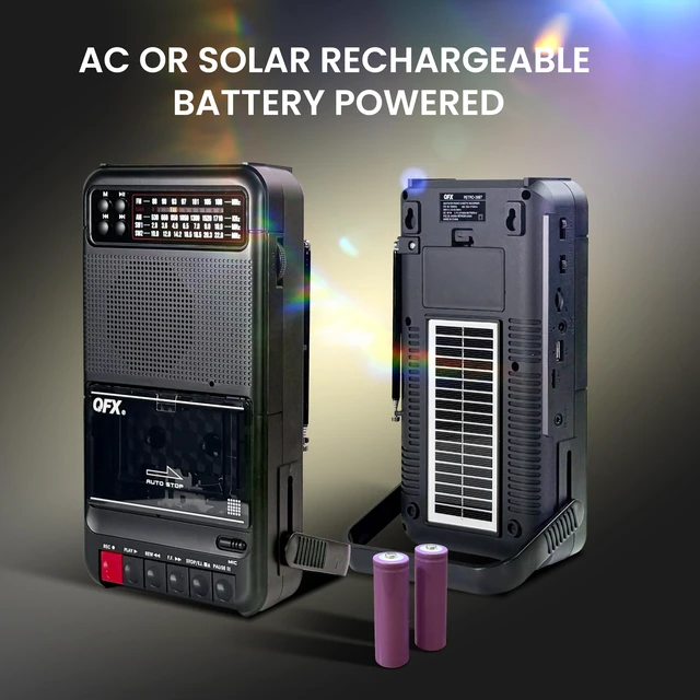 Alt view image 4 of 7 - Solar Rechargeable Shoebox Cassette Tape Player Recorder, RETRO-38BT Portable, Built-In Microphone, Bluetooth Audio Streaming, AM/FM/SW Radio, MP3 Playback, Line-In/Out, AC/Battery Powered