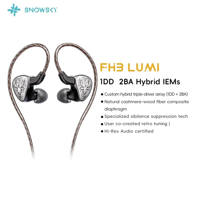 Alt view image 2 of 7 - FH3 LUMI Hybrid IEM Earphones, 1DD + 2BA Triple Driver in-Ear Monitors, Vintage Vocal Tuning, Cashmere Wood Fiber Diaphragm, Detachable Cable(Silver)