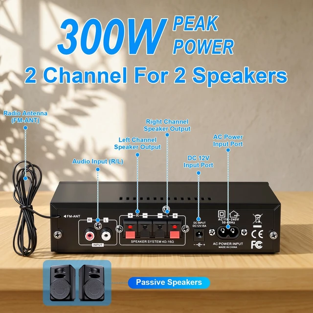 Alt view image 3 of 7 - AK35 Pro 300W Bluetooth Stereo Amplifier, 2 Channel Mini Home Audio Power Amp with Microphone Input, Upgraded Audio Chip, Bass & Treble Control, FM, AUX, USB, SD Card, Remote Control