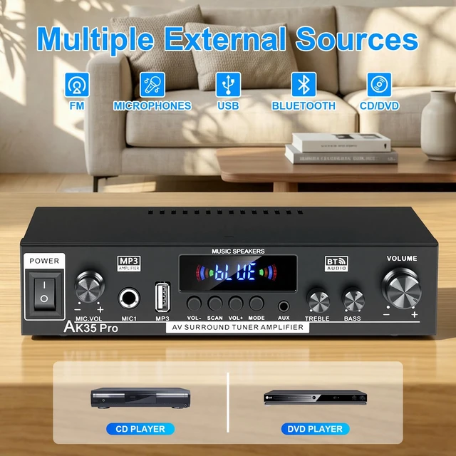 Alt view image 2 of 7 - AK35 Pro 300W Bluetooth Stereo Amplifier, 2 Channel Mini Home Audio Power Amp with Microphone Input, Upgraded Audio Chip, Bass & Treble Control, FM, AUX, USB, SD Card, Remote Control