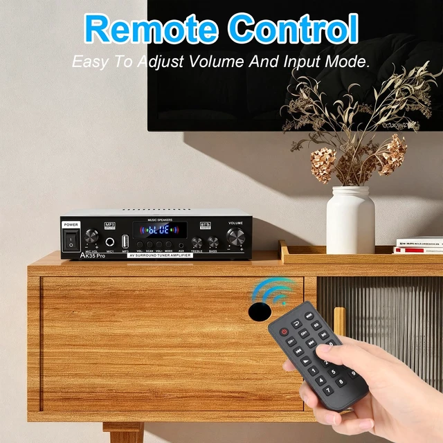 Alt view image 6 of 7 - AK35 Pro 300W Bluetooth Stereo Amplifier, 2 Channel Mini Home Audio Power Amp with Microphone Input, Upgraded Audio Chip, Bass & Treble Control, FM, AUX, USB, SD Card, Remote Control