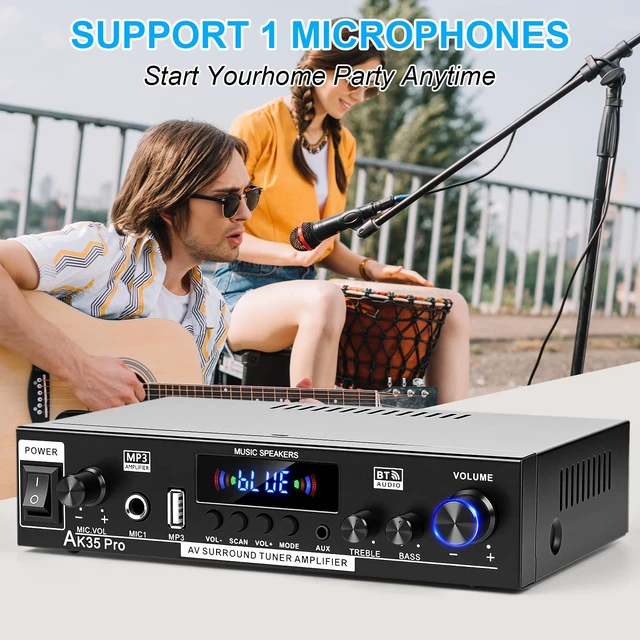 Alt view image 7 of 7 - AK35 Pro 300W Bluetooth Stereo Amplifier, 2 Channel Mini Home Audio Power Amp with Microphone Input, Upgraded Audio Chip, Bass & Treble Control, FM, AUX, USB, SD Card, Remote Control