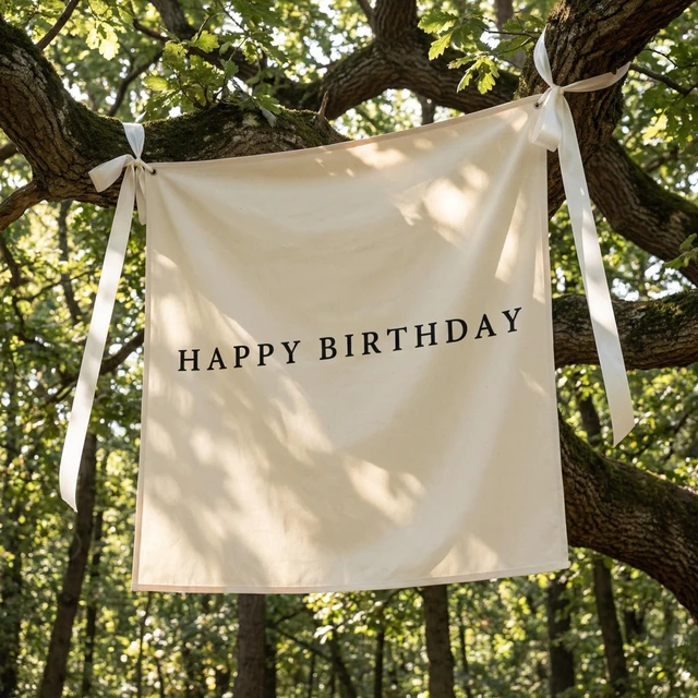 Main image of 40x40 Inch Happy Birthday Banner Burlap Happy Birthday Backdrop Fabric Birthday-Party Decorations, Boho Rustic Photo Props Sign with Hanging String for Indoor Outdoor Yard Wall Decor