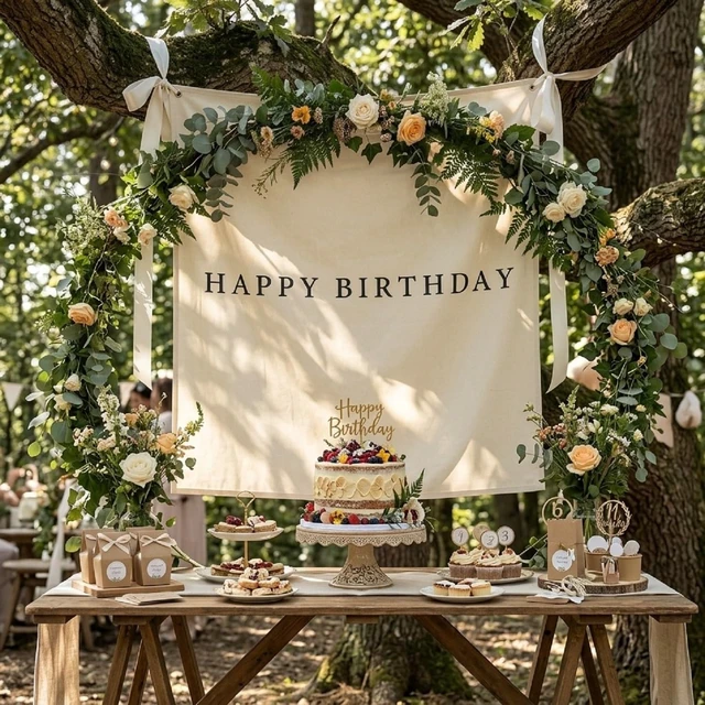 Alt view image 3 of 6 - 40x40 Inch Happy Birthday Banner Burlap Happy Birthday Backdrop Fabric Birthday-Party Decorations, Boho Rustic Photo Props Sign with Hanging String for Indoor Outdoor Yard Wall Decor