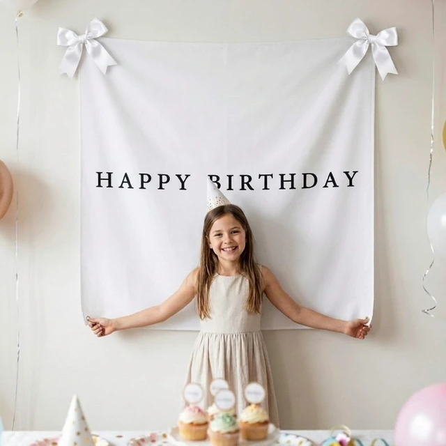 Alt view image 4 of 6 - 40x40 Inch Happy Birthday Banner Burlap Happy Birthday Backdrop Fabric Birthday-Party Decorations, Boho Rustic Photo Props Sign with Hanging String for Indoor Outdoor Yard Wall Decor