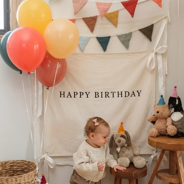 Alt view image 5 of 6 - 40x40 Inch Happy Birthday Banner Burlap Happy Birthday Backdrop Fabric Birthday-Party Decorations, Boho Rustic Photo Props Sign with Hanging String for Indoor Outdoor Yard Wall Decor