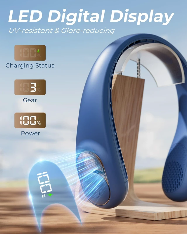 Alt view image 6 of 7 - Neck Fan, Personal Fan with LED Display, USB-C Rechargeable, 4000mAh-Battery, 3-Speed Adjustment & Whisper-Quiet Operation, Perfect for Home, Travel, Sports