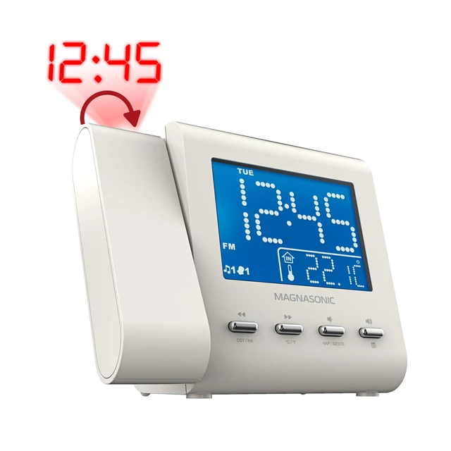 Alt view image 3 of 7 - Projection Alarm Clock with AM/FM Radio, Battery Backup, Auto Time Set, Dual Alarm, Nap/Sleep Timer, Indoor Temperature/Date Display with Dimming & 3.5mm Audio Input - White (EAAC601W)