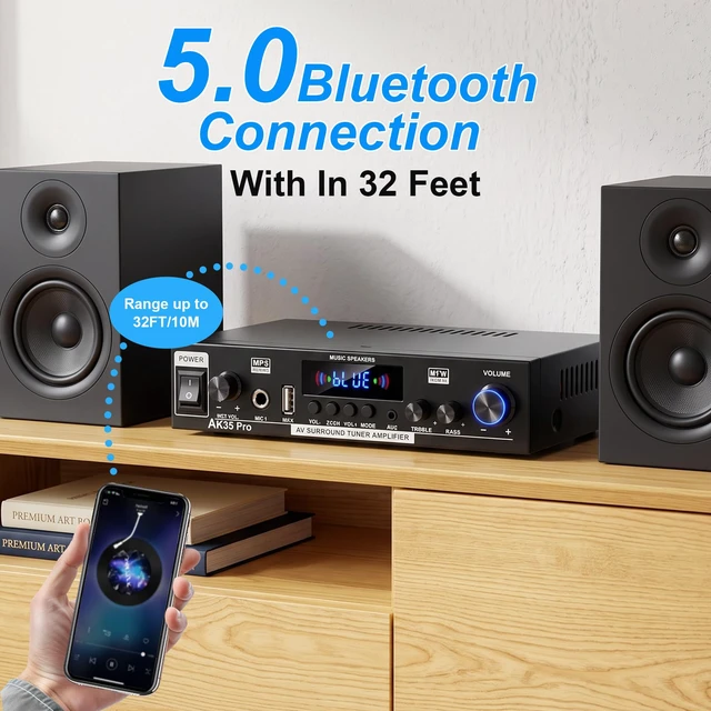 Alt view image 5 of 7 - AK35 Pro 300W Bluetooth Stereo Amplifier, 2 Channel Mini Home Audio Power Amp with Microphone Input, Upgraded Audio Chip, Bass & Treble Control, FM, AUX, USB, SD Card, Remote Control