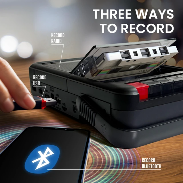Alt view image 3 of 7 - Solar Rechargeable Shoebox Cassette Tape Player Recorder, RETRO-38BT Portable, Built-In Microphone, Bluetooth Audio Streaming, AM/FM/SW Radio, MP3 Playback, Line-In/Out, AC/Battery Powered