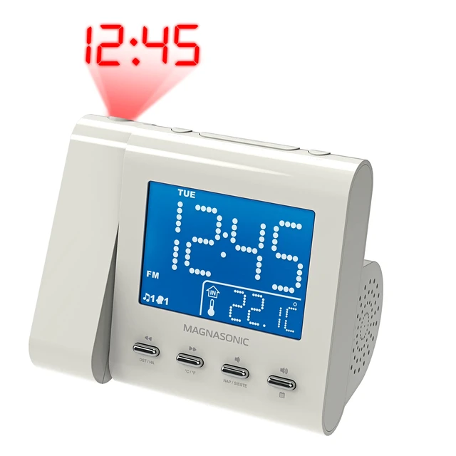 Alt view image 2 of 7 - Projection Alarm Clock with AM/FM Radio, Battery Backup, Auto Time Set, Dual Alarm, Nap/Sleep Timer, Indoor Temperature/Date Display with Dimming & 3.5mm Audio Input - White (EAAC601W)