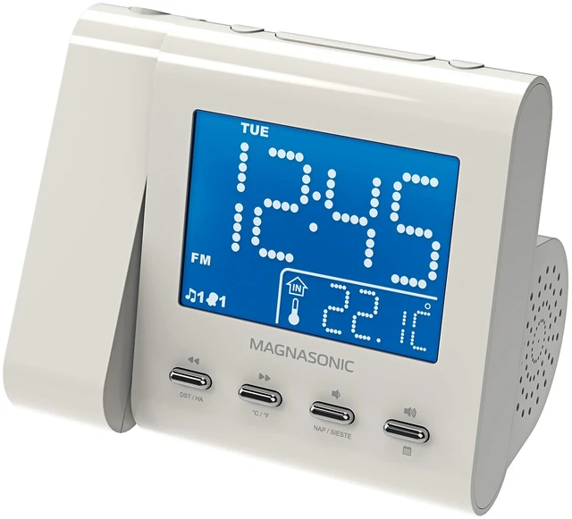 Main image of Projection Alarm Clock with AM/FM Radio, Battery Backup, Auto Time Set, Dual Alarm, Nap/Sleep Timer, Indoor Temperature/Date Display with Dimming & 3.5mm Audio Input - White (EAAC601W)