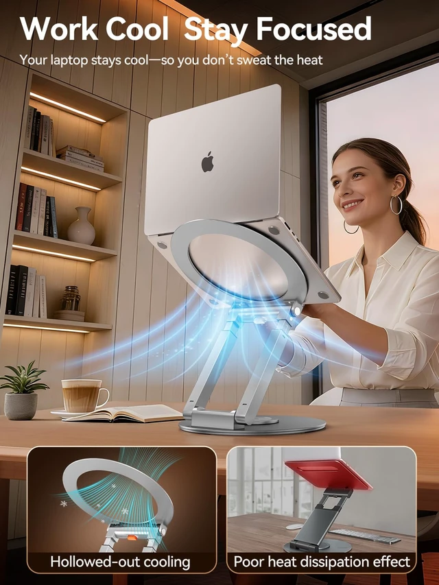 Alt view image 3 of 6 - Telescopic Laptop Stand with 360° Rotation, Adjustable Height & Tilt Swivel Laptop Riser, Ergonomic Standing Desk Converter for 10-17" MacBook Pro/Air, Dell, HP Supports up to 22lbs (Silver)