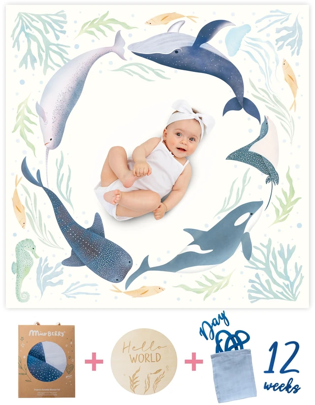 Alt view image 2 of 7 - Ocean Baby Milestone Blanket Monthly Baby Milestone Photo Prop for Boy, Under The Sea Growth Tracker Blanket with Hello World Sign and Registry Must-Have