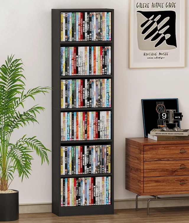 Alt view image 4 of 7 - 6 Tier DVD Storage Shelf, Media Shelf with Adjustable Shelves, Black Media Organizer Shelf for DVDs, Video Games & Movies, Holds Up to 150+ DVDs
