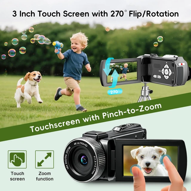 Alt view image 5 of 7 - 4K Ultra HD Camcorder, Video Camera with Auto/Manual/Fixed Focus, Wireless Lavalier Microphone, Tripod & Remote Control, 3 Inch Touchscreen Vlog Camera for YouTube, Travel & Family Recording