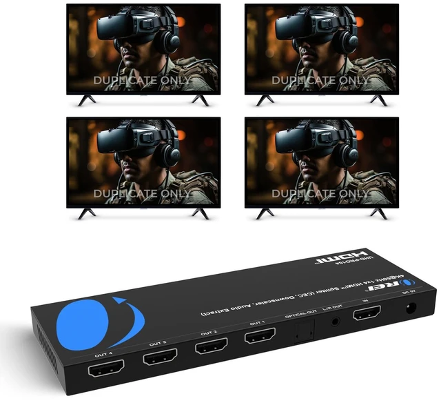 Main image of 1x4 HDMI Splitter 4K@60Hz & Audio Extractor with Downscaling, HDR10+ HDMI 2.0b Splitter 1 in 4 Out with 4K to 1080p Downscaling, Dolby Vision, HDCP 2.3, Optical & 3.5mm Audio Out