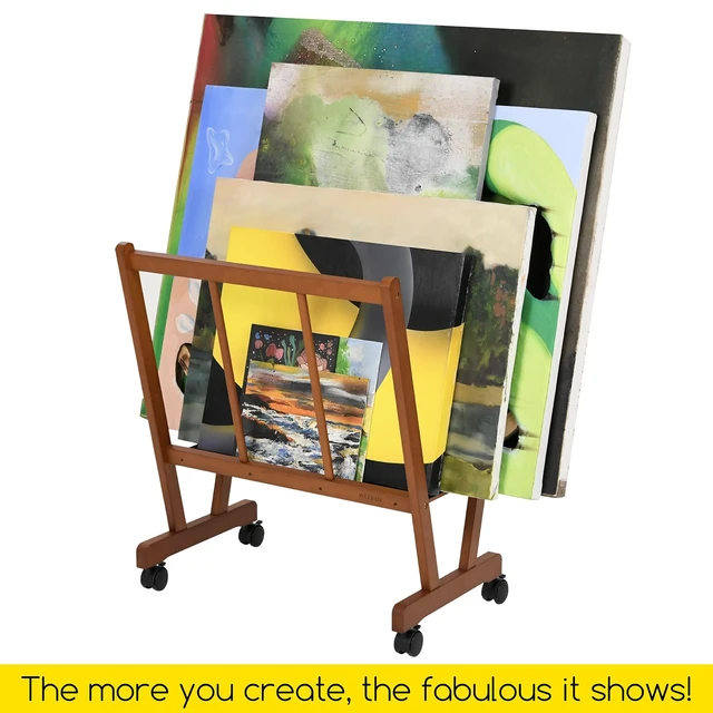 Alt view image 6 of 7 - Art Display Print Rack: Artist Storage Rack with Castors for Canvas Beech Wood Large Drying Racks for Prints Artworks Panels Posters Stand Art Shows & Galleries, Walnut