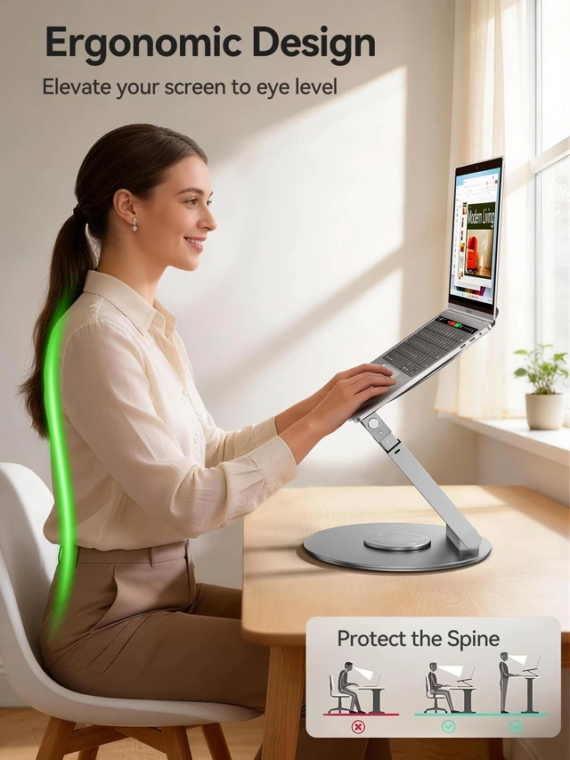 Alt view image 4 of 6 - Telescopic Laptop Stand with 360° Rotation, Adjustable Height & Tilt Swivel Laptop Riser, Ergonomic Standing Desk Converter for 10-17" MacBook Pro/Air, Dell, HP Supports up to 22lbs (Silver)