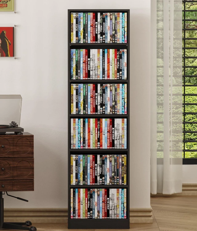 Main image of 6 Tier DVD Storage Shelf, Media Shelf with Adjustable Shelves, Black Media Organizer Shelf for DVDs, Video Games & Movies, Holds Up to 150+ DVDs