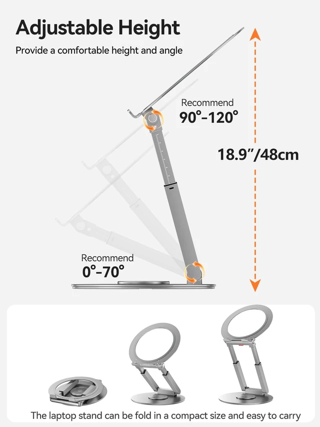 Alt view image 6 of 6 - Telescopic Laptop Stand with 360° Rotation, Adjustable Height & Tilt Swivel Laptop Riser, Ergonomic Standing Desk Converter for 10-17" MacBook Pro/Air, Dell, HP Supports up to 22lbs (Silver)