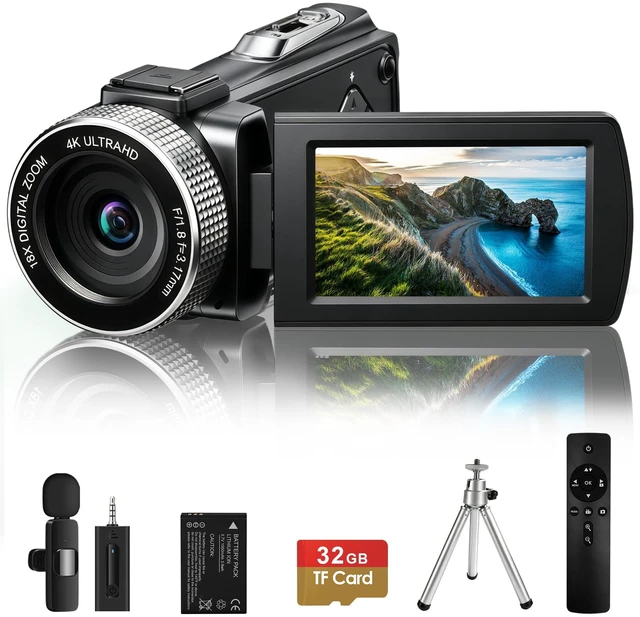 Main image of 4K Ultra HD Camcorder, Video Camera with Auto/Manual/Fixed Focus, Wireless Lavalier Microphone, Tripod & Remote Control, 3 Inch Touchscreen Vlog Camera for YouTube, Travel & Family Recording