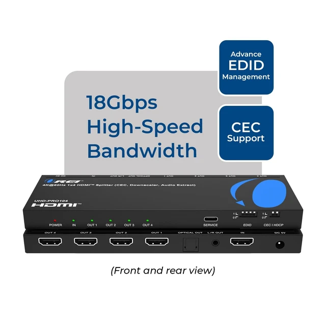 Alt view image 2 of 7 - 1x4 HDMI Splitter 4K@60Hz & Audio Extractor with Downscaling, HDR10+ HDMI 2.0b Splitter 1 in 4 Out with 4K to 1080p Downscaling, Dolby Vision, HDCP 2.3, Optical & 3.5mm Audio Out