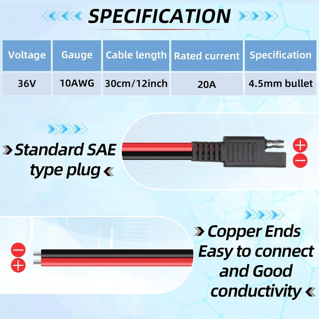 Alt view image 3 of 6 - 8 Pack 10 Awg 2 Pin SAE Quick Connectors Extension Cable 1FT 12V Connectors Disconnect Wire Harness with Single Plug for Motorcycle, Car, Solar Panel, Battery Charger and Automotive Use