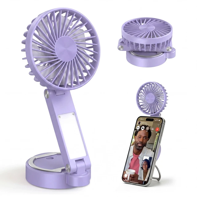 Main image of Foldable Magnetic Phone Fan with LED Light & Stand Desk Easy Storage Purple Comes with metal magnetic ring compatible with all phones compact lightweight body, USB-C charging