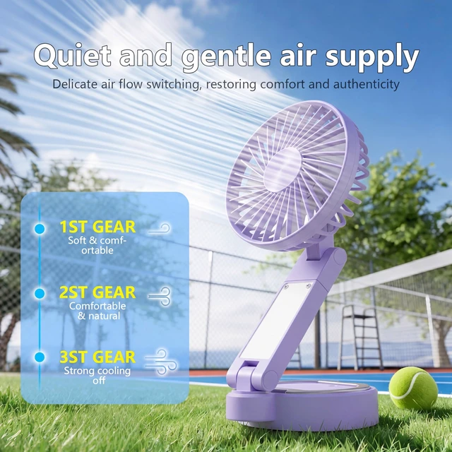 Alt view image 2 of 7 - Foldable Magnetic Phone Fan with LED Light & Stand Desk Easy Storage Purple Comes with metal magnetic ring compatible with all phones compact lightweight body, USB-C charging